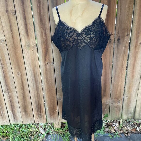 Vintage 50s VANITY FAIR Black Nylon Deep Lace Chiffon Full Slip 42 Tall XXL - Picture 1 of 9